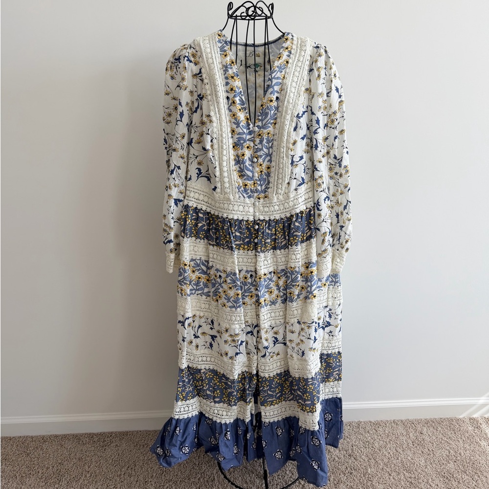 Anthropologie Blue and Cream Floral Dress